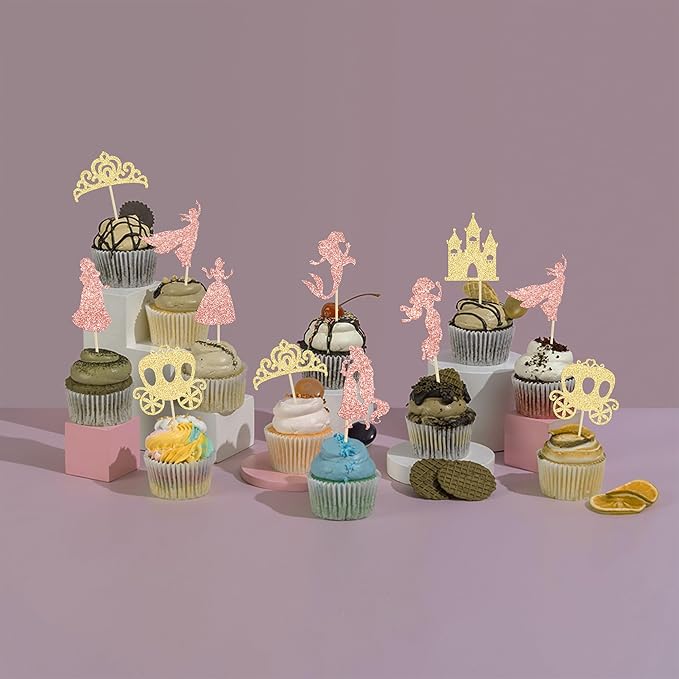 Gyufise 36Pcs Princess Cupcake Toppers Glitter Mermaid Girl Castle High Heel Crown Cupcake Picks Princess Theme Baby Shower Girls Birthday Party Cake Decorations Rose Gold