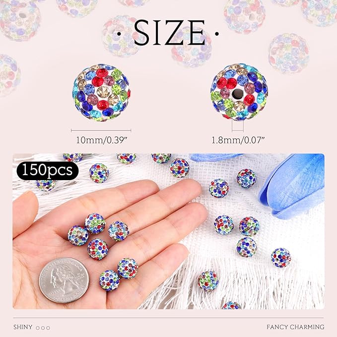 150pcs 10mm Rhinestone Beads for Jewelry Making, White Mixed Shiny Round Shamballa Disco Beads Bulk, Sparkle Crystal Clay Christmas for Bracelet Baseball Necklace Earring Crafting and DIY
