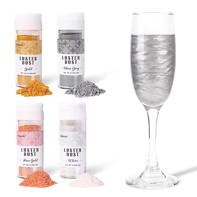 Edible Glitter for Cocktails, Luster Dust Edible, 4 Colors 5g/bottle Edible Glitter for Baking, Drinks, Cake Decorating, Cupcakes, Chocolate, Strawberries, and Waffles(Gold, Rose Gold, White, Silver)