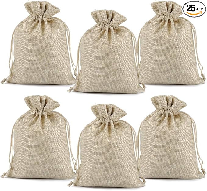 Lucky Monet 25/50/100PCS Burlap Gift Bags Wedding Hessian Jute Bags Linen Jewelry Pouches with Drawstring for Birthday, Party, Wedding Favors, Present, Art and DIY Craft (25Pcs, Cream, 5” x 7”)