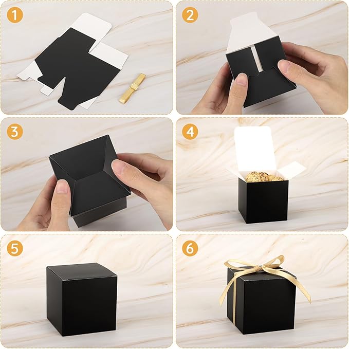 EUSOAR Favor Boxes, 60pcs 3x3x3 Inches Black Candy Gift Box Individual Cookie Box with Gold Ribbon, Mini Bakery Cookies Box Paper Chocolate Containers for Wedding Birthday Party DIY Favors Supplies