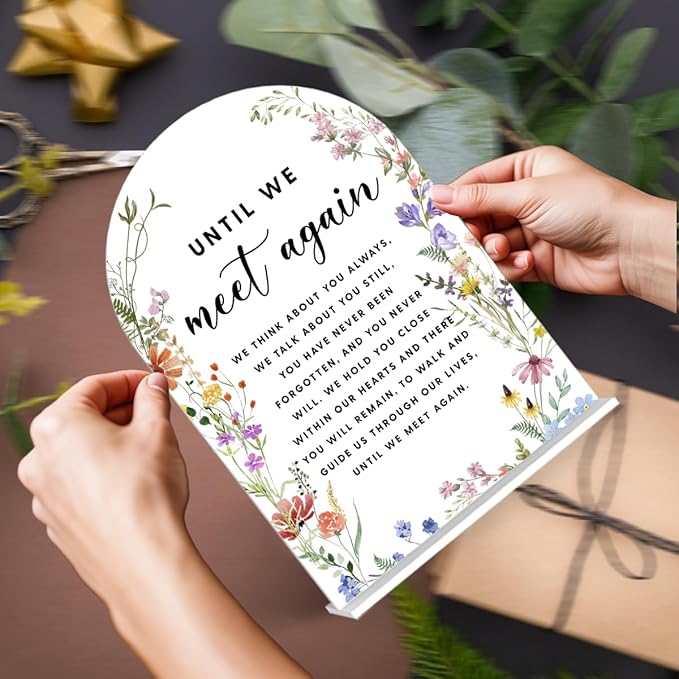 Acrylic Wedding Signs, Until We Meet Again Signs for Marriage Reception, Bridal Shower Decorations, Modern Arched Round Top Acrylic Table Top Sign with Holder for Wedding Party (White Wildflowers)