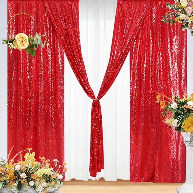 Eternal Beauty Red Sequin Backdrop Curtains, Shimmer Back Drop 4Panels-2FTx8FT for Christmas, Party, Birthday, Photography, Wedding, Baby Shower Event Decoration