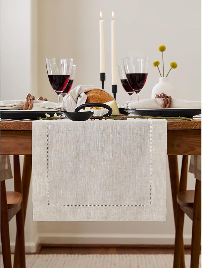 Solino Home Linen Table Runner 90 Inches Long - 100% Pure Linen Light Natural Table Runner 14 x 90 Inch for Fall, Autumn, Thanksgiving, Christmas - Classic Hemstitch
