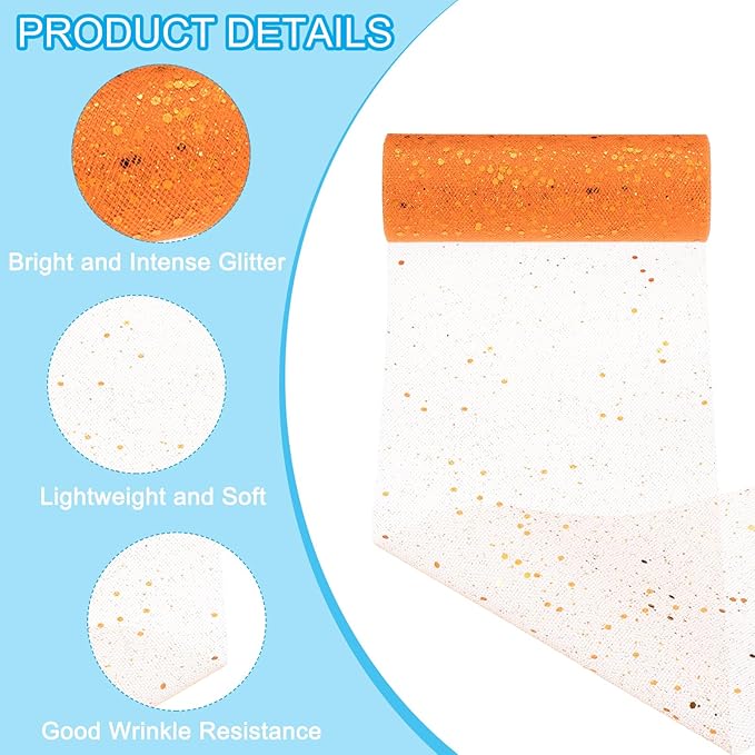 PATIKIL Tulle Fabric Rolls, 6 Inch by 10 Yards Fabric Spool Tulle Sparkling Ribbon Netting Sequin for DIY Tutu Skirts Crafts Wedding Party Decorations, Orange