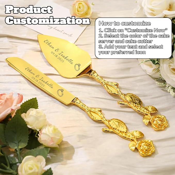 Engraved Personalized Gold Wedding Cake Knife and Server Set - Custom Bridal Cake Serving Gift for Anniversary, Engagement, Birthday Gift
