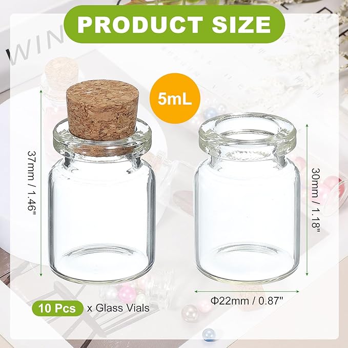 uxcell 10Pcs Mini Glass Bottles with Cork Stoppers, 5ml Small Clear Bottles Glass Empty Jars Vials for DIY Crafts Party Wedding Decor Favors