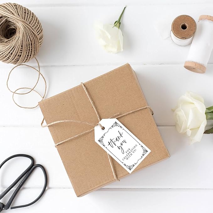 Andaz Press 100-Pack Thank You for Celebrating with Us Favor Tags Art Deco Cardstock Gift Tags with Bakers Twine for Wedding Baby Shower Bridal Shower Birthday Party Favors 2 x 3.75-Inches