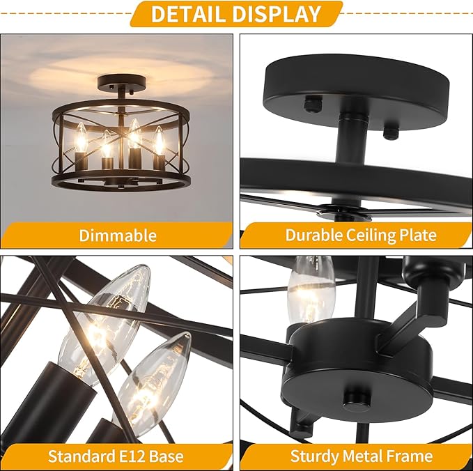 Black Semi Flush Mount Ceiling Light Fixture, 4-Light Farmhouse Modern Ceiling Light, Hallway Light Fixtures, Kitchen Lights, Ceiling Lamp for Entryway Dining Room Bedroom Laundry Lighting UL-Listed