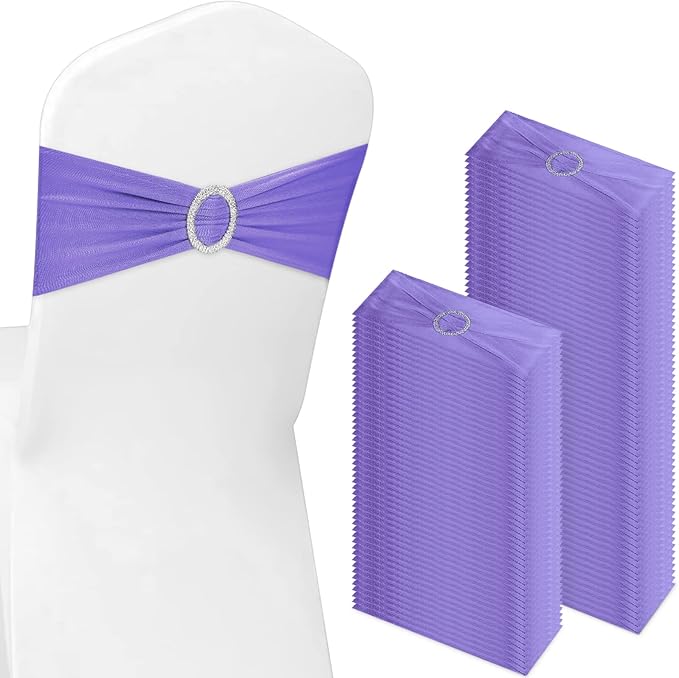 CHENGU 150 Pieces Spandex Stretch Chair Sashes Bows Elastic Chair Cover Bands Ties with Buckle Slider for Wedding Party Reception Events Universal Ceremony Banquet Decorations (Light Purple)