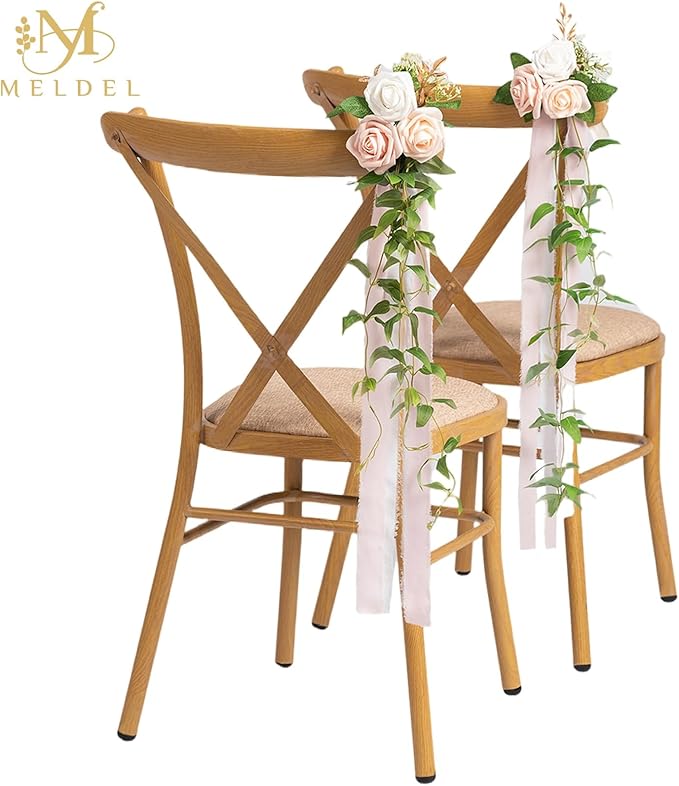 Meldel Wedding Chair Decorations Set of 10 Aisle Artificial Flowers White Pink Rose Garland with Hanging Ribbons for Ceremony Reception Church Pew Arrangement Party Wedding Aisle Decor