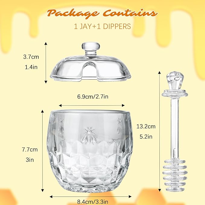kanpura Honey Pot with Dipper and Lid Glass Honey Jar with Dipper Wide Mouth Honey Containers Airtight Syrup Honey Dispenser for Home Kitchen(7.5 OZ)