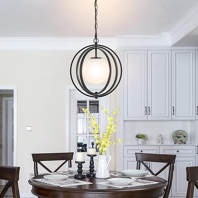 Black Orb Chandelier 1 Light Globe Pendant Light Fixtures White Globe Glass Shade Hanging Ceiling Light for Dining & Living Room, Bedroom, Foyer and Kitchen Island