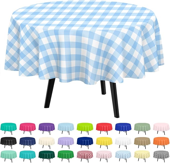 QIKSION Blue Gingham Round Tablecloth 12 Pack, 84 Inch Plastic Checkered Table Cover Disposable for Parties