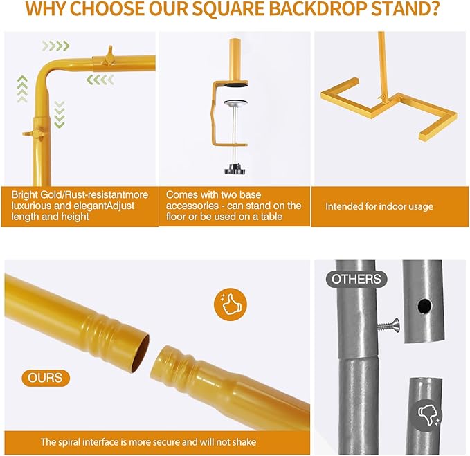 8.2FT Square Arch Backdrop Stand,Metal Gold Backdrop Stand Heavy Duty Adjustable,Extra 2 Clamps Change Over The Table Rod Stand,Wedding Balloon Arch Stand for Baby Shower Parties Decoration