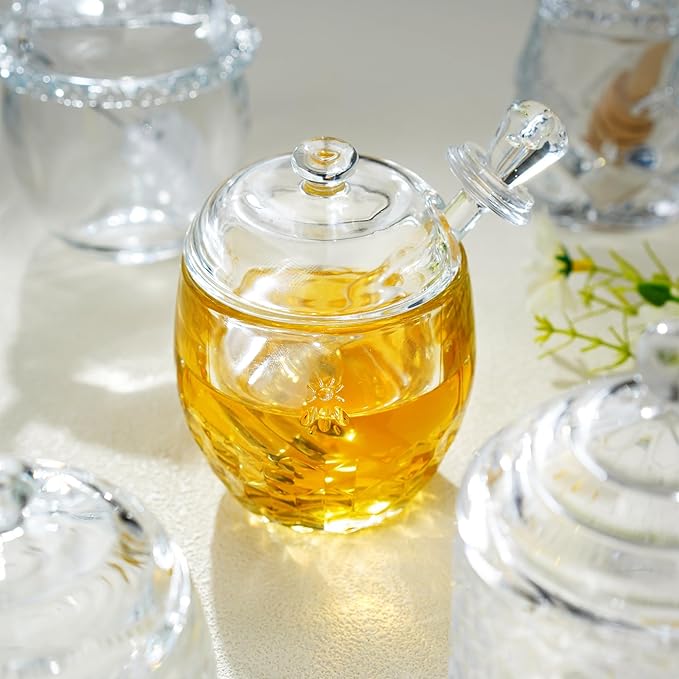 kanpura Honey Pot with Dipper and Lid Glass Honey Jar with Dipper Wide Mouth Honey Containers Airtight Syrup Honey Dispenser for Home Kitchen(7.5 OZ)