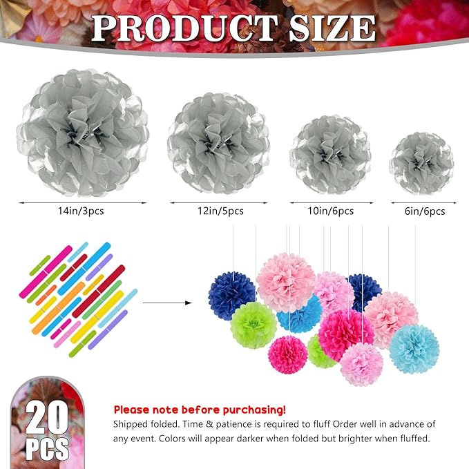 Tissue Paper Pom Poms, Silver Tissue Paper Flowers, Hanging Flower Balls for Weddings Fiesta Parties Birthday Baby Showers Classroom Bridal Shower Decoration (20Piece Set-6/10/12/14Inch)