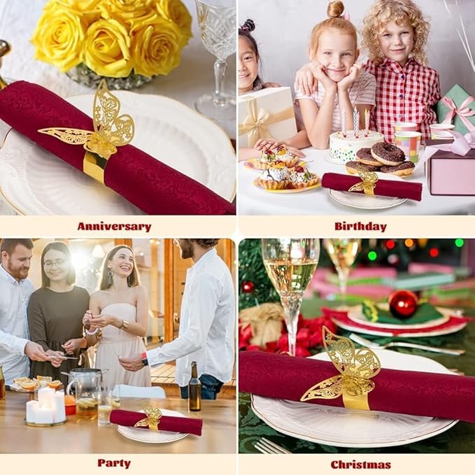 100 Pcs Napkin Rings Laser Cut Butterfly Shape Foil Paper Napkin Holder for Weddings Party Serviette Table Decoration Restaurant (Gold)