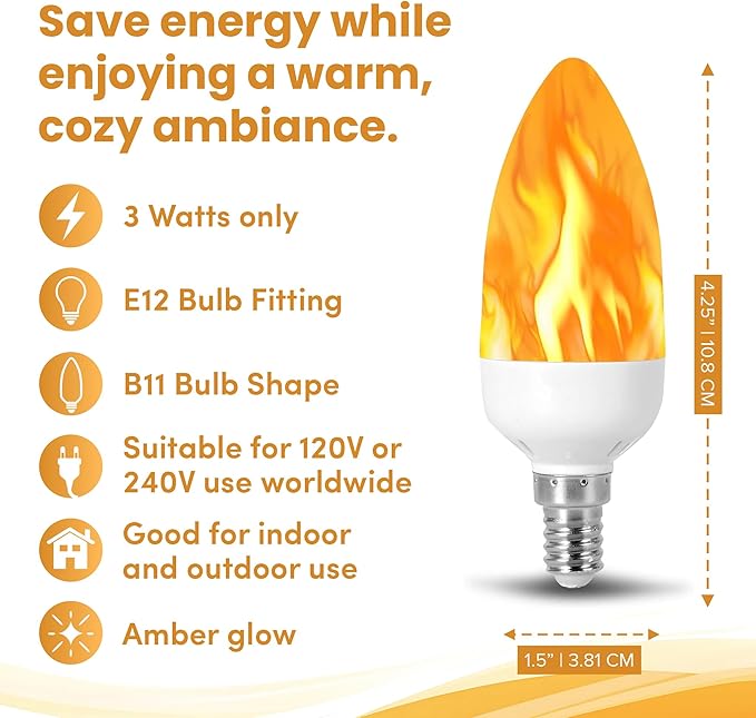 Flame Effect Chandelier LED Fire Candle Light Bulb Flaming Flicker E12 Candelabra Base Shape Novelty Lighting B11 Replacement Bulbs 12mm Diameter Fitting, 110MM / 4.25" Total Length 120V - 3 Pack