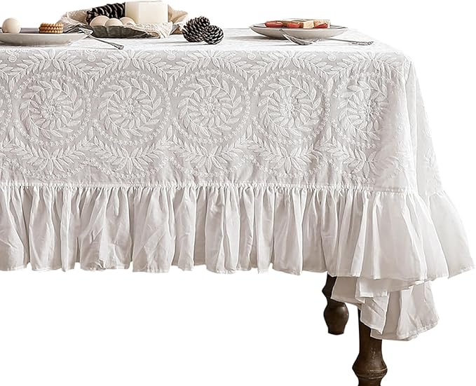 patdrea Vintage Ruffle Tablecloth for Square Tables,Farmhouse Embroidered Cotton White Lace Table Cloth Cover Decor for Dining Room Wedding Banquet Thanksgiving Christmas,59"*59"