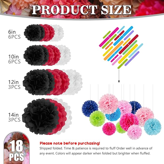 Tissue Paper Pom Poms, Black White Red Tissue Paper Flowers, Hanging Flower Balls for Weddings Fiesta Parties Birthday Baby Showers Classroom Bridal Shower Decoration (18Piece Set-6/10/12/14Inch)