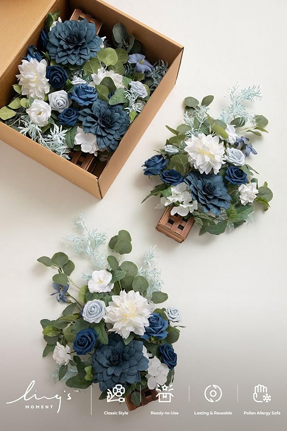 Ling's Moment 17.5" Tall Standing Artificial Flowers Arrangements 4 pcs Wedding Aisle Runner Chair Decorations Dusty Blue Navy Centerpieces for Ceremony Reception Rose Floral Party Outdoor