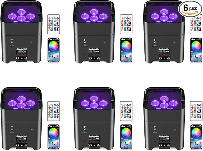 9600mAh Wireless Uplights, 6x18W RGBWA UV Rechargeable Stage Lights, APP/DMX512/Remote Controlled Par Lights, Battery Powered Uplights for Show, Party, Festival, Event, 6 Pack