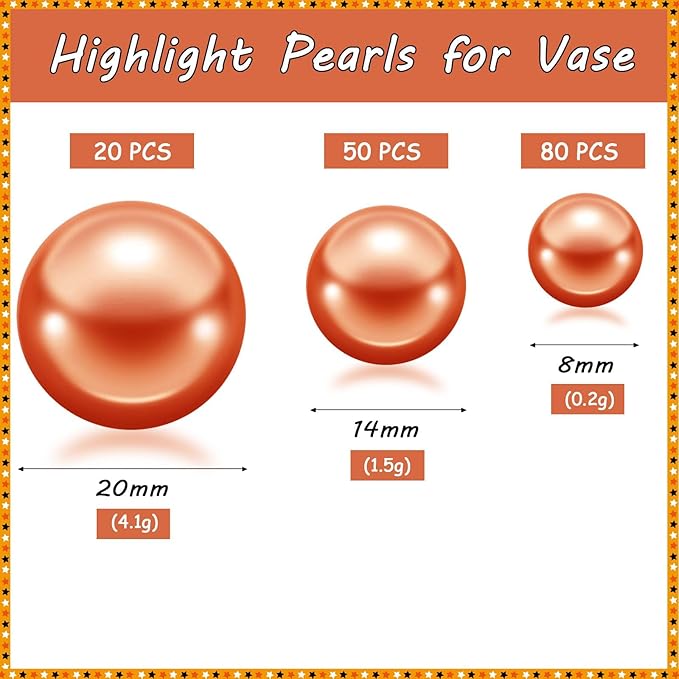 150Pcs Orange Polished No Hole Faux Pearl Beads for Vase Filling Decorations, Plastic Pearls Vase Fillers, Table Scatters, Wedding Centerpiece, Home Decor, 8/14/20 mm