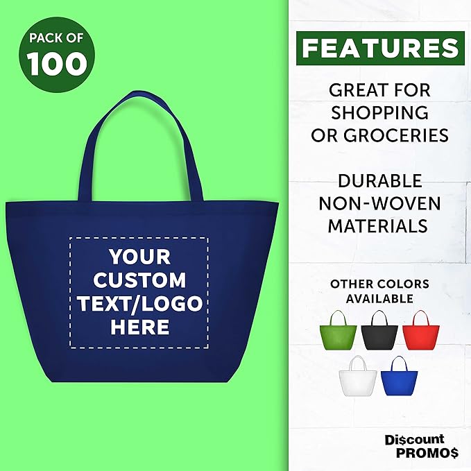 DISCOUNT PROMOS Custom Southern Style Grocery Tote Bags Set of 100 - Personalized Bulk Pack, Reusable Grocery & Shopping Bags - Great for Travel, Business Promotions - Navy Blue - 20"X13"X8"