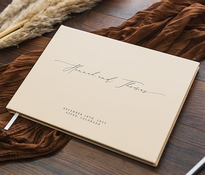 MUUJEE Personalized Guestbook in Butter - Premium Custom Modern Guest Book for Wedding Reception, Birthday Party or Events w/Bookmark Blank Pages for Signing 11.5 x 8.5 inches