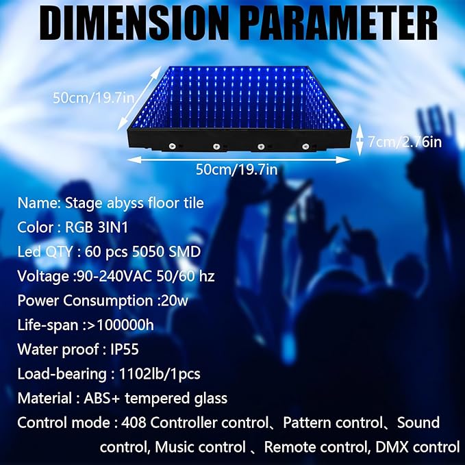 Dance Floor Stage Lights Tempered Glass Infinity Mirror Panel 3D Effect Led Dance Floor for Wedding Party Customizable (3D-Magnetic, 100PCS(16.4FTX16.4FT))