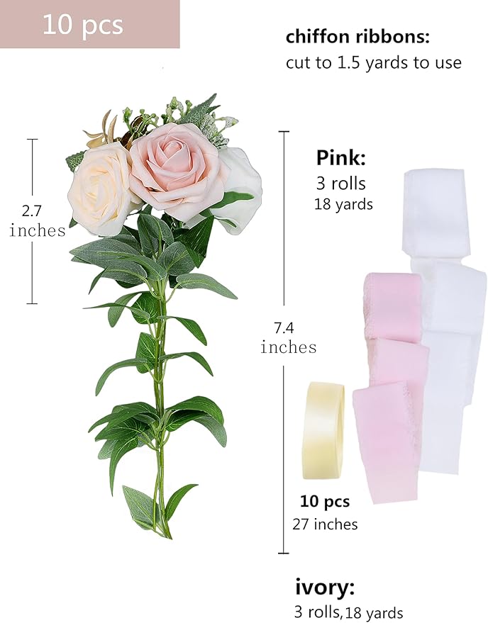 Meldel Wedding Chair Decorations Set of 10 Aisle Artificial Flowers White Pink Rose Garland with Hanging Ribbons for Ceremony Reception Church Pew Arrangement Party Wedding Aisle Decor