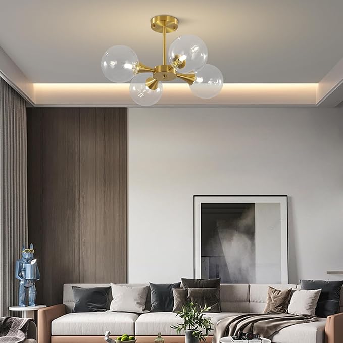 KCO Lighting 4-Lights Modern Globe Semi Flush Mount Ceiling Light Mid Century Brushed Brass Schoolhouse Close to Ceiling Light Gold Clear Glass Bubble Sputnik Chandelier Light Fixture