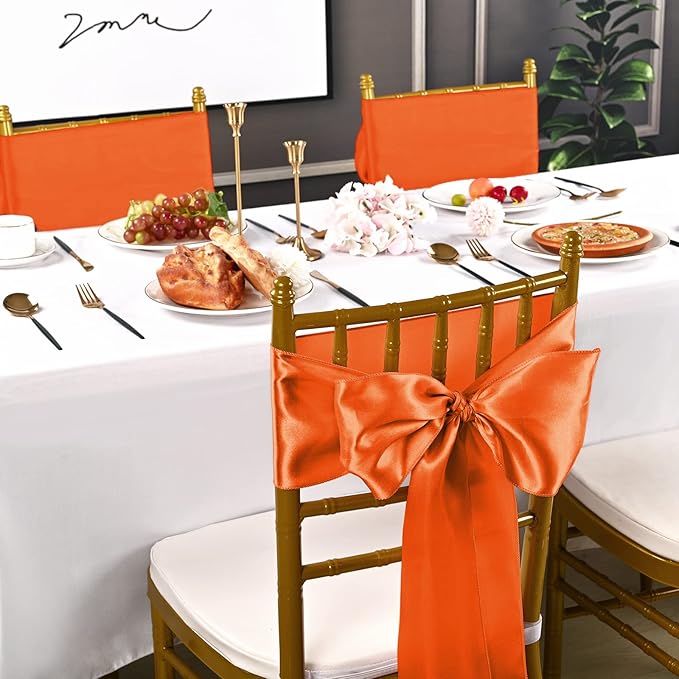 fani 60 PCS Orange Satin Chair Sashes Bows Universal Chair Cover for Wedding Reception Restaurant Event Decoration Banquet,Party,Hotel Event Decorations (7 x 108 inch)