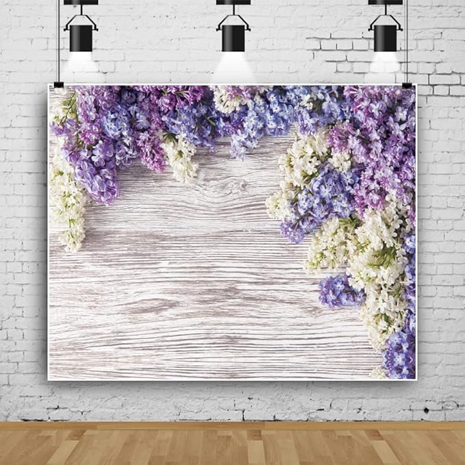 Purple Flower Wood Backdrop LFEEY 10x10ft Newborn Baby Shower Wooden Backdrop Photography Lilac Bloom Bouquet Wood Panel Wall Girls Adults Portrait Background Party Events Decoration Photo Studio Prop