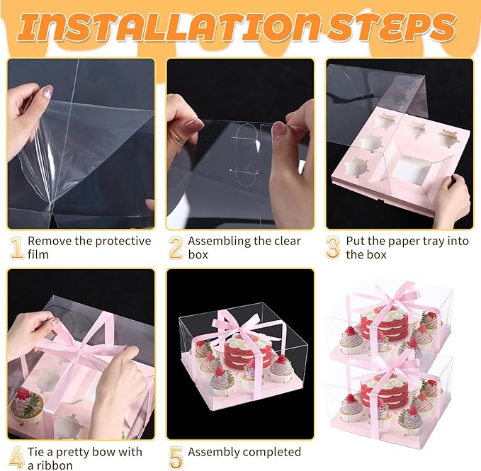 JCD 3 Packs Pink 1+5 Cupcake Containers with Gift Ribbon Cake and Cupcake Combo Bento Boxes with Clear Lid and 5 Cupcake Holes Pastry Sweets Bento Box(Pink 1+5/3Pcs)