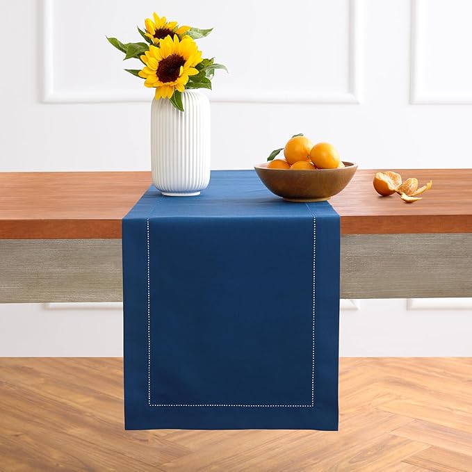 Solino Home Table Runner 108 Inches Long - Cotton Linen Hemstitch Lapis Blue Table Runner 14 x 108 Inch for Fall, Autumn