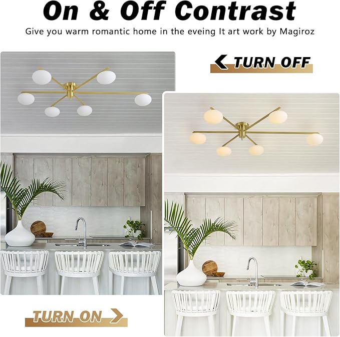 6-Lights Gold Sputnik Chandelier Modern Ceiling Light Fixtures Retro Glass Ceiling Lamp Industrial Semi Flush Mount Lights for Kitchen Living Room Dining Room MCL01-6 GD