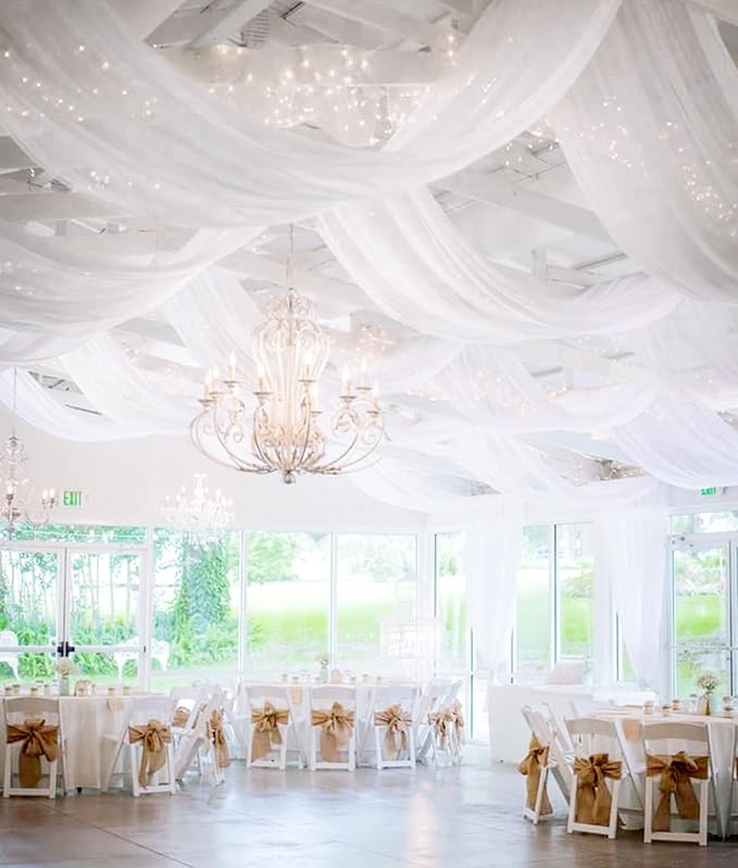 6 Panels White Ceiling Drapes 5ftx15ft Wedding Ceiling Drapes Chiffon Fabric Arch Draping Sheer Curtains Soft Drapery Draping Wedding Ceiling Decorations for Party Ceremony Stage Swag