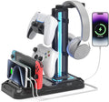 KDD Headset Stand with Charging Station - Detachable Controller Holder with 9 Light Modes - Rotatable Headphone Hanger with USB A&C Charger Ports - Earphone Hook for PC Gaming Accessories Storage