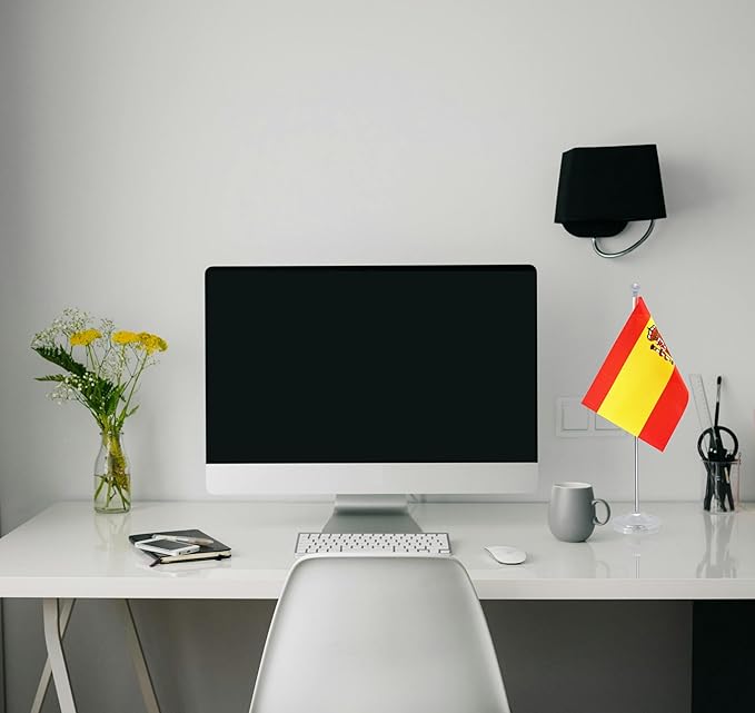 Spain Desk Flag, Spanish Table Office Flag with Metal Pole and Stand Base, International Country Flags, Festival Event Celebration, Classroom Meeting Desktop Decor (Spain)