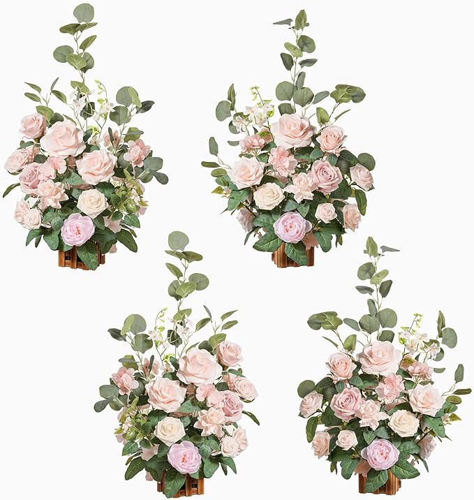 Ling's Moment 17.5" Tall Standing Artificial Flowers Arrangements 4 pcs Wedding Aisle Runner Chair Decorations Blush & Pink Centerpieces for Ceremony Reception Rose Floral Party Outdoor