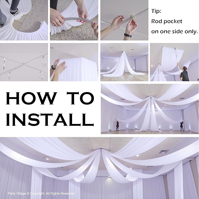 PartyVillage 12 Panels 5ftx30ft White Ceiling Drapes for Wedding Parties – 30 FT Extra Long Thick Polyester Wrinkle-Free Drapery Tent Decor Decorations for Birthday Party Ceremony Stage Swag