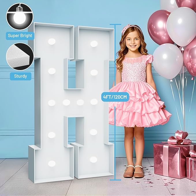 4FT Marquee Light Up Letters - Cool White Light Up Letters H with Fixed Water Bag, Party Decoration Large Marquee Light Up Letters can Be Used for Wedding Decoration, Birthday Party Decoration