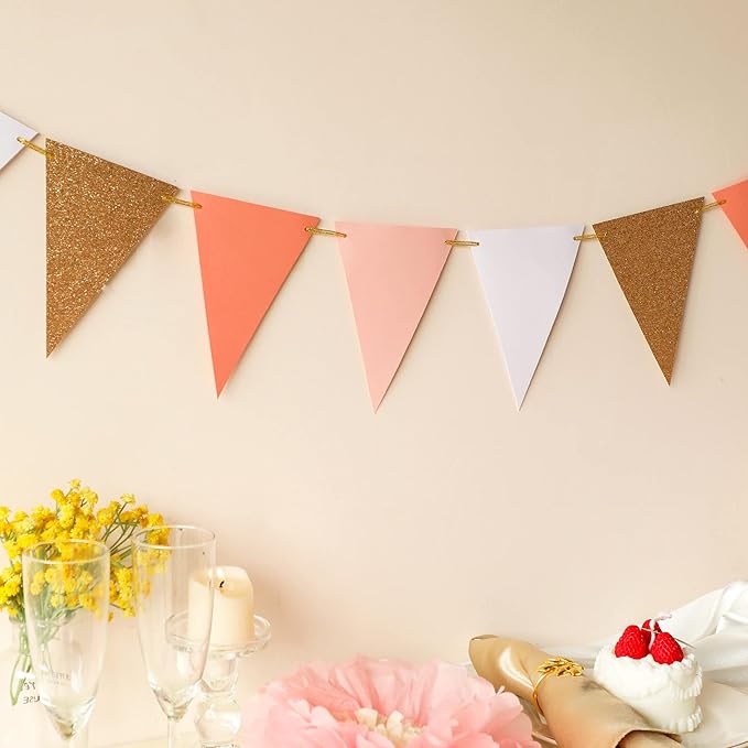 Fonder Mols 10-feet Vintage Flags of Paper Pennant Banner, Triangle Flags Bunting Banner Garland for Boho Wedding, Baby Shower, Girl Room Nursery Decoration (Ivory+Pink+Rose Gold Glitter)