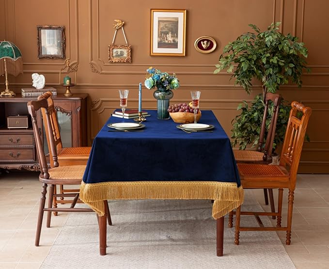 F-CHU Luxury Blue Tablecloth Thickset Velvet Tablecloth with Beautiful Gold Tassels Vintage Table Cloth for Home Decor Wedding, Party, Banquet and Events 60x70-Inch