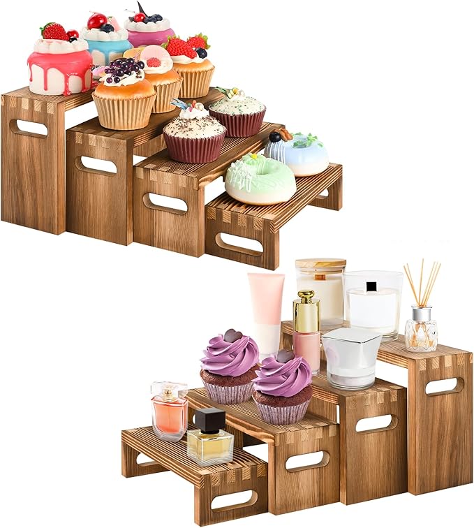 8 Pcs Wood Risers Display Stands, 2 Set Wooden Risers for Table Display, 4 Tier Rectangular Riser Display Stand Wooden for Cupcake, Desserts, Perfume, Collections, Jewelry Showcase