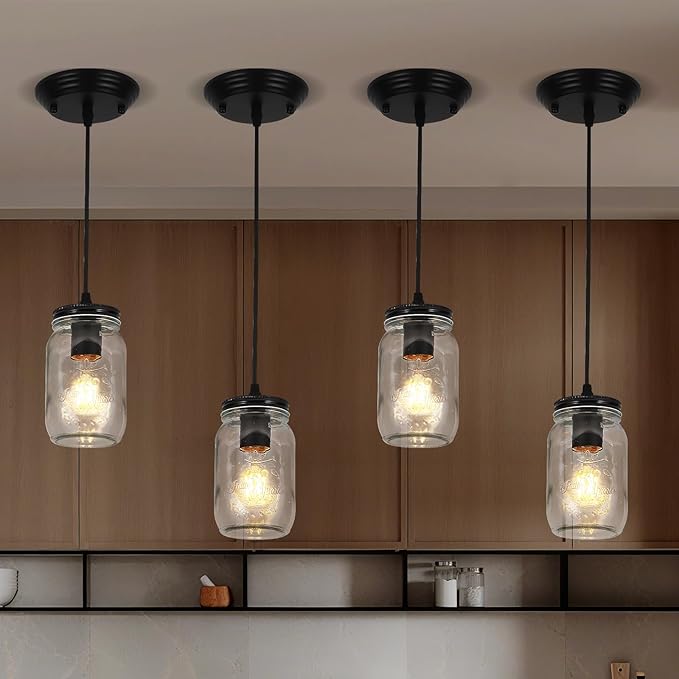 Black Pendant Lights, 2 Pack Clear Glass Pendant Lights Kitchen Island, Farmhouse Mason Jar Pendant Lighting, Mini Hanging Lights for Kitchen Sink Dining Room Bedroom Hallway