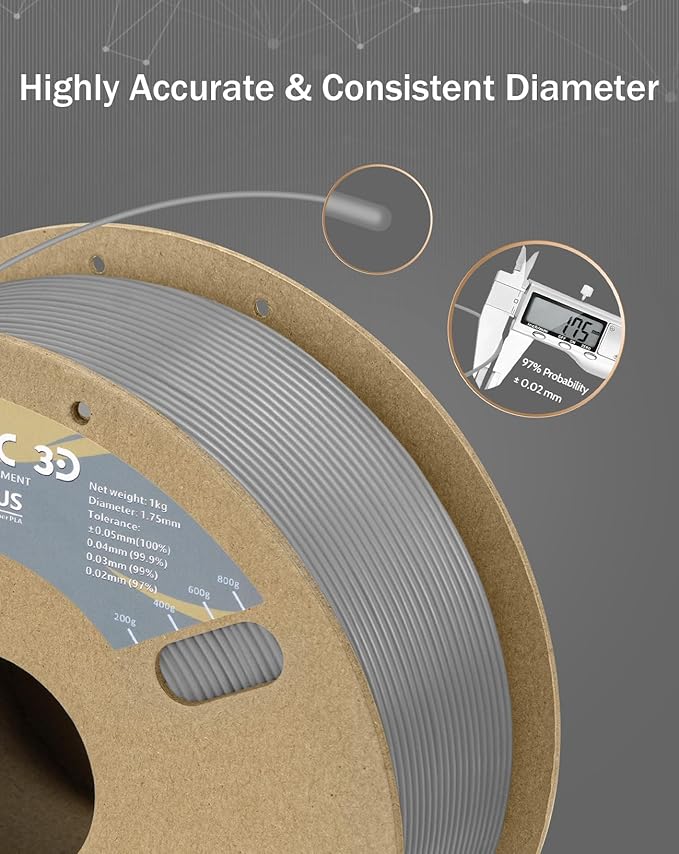 DURAMIC 3D PLA+ Filament 1.75mm 1Kg Gray, PLA Plus Filament 1Kg Spool(2.2lbs) Tougher and Stronger, Dimensional Accuracy Probability +/- 0.02mm