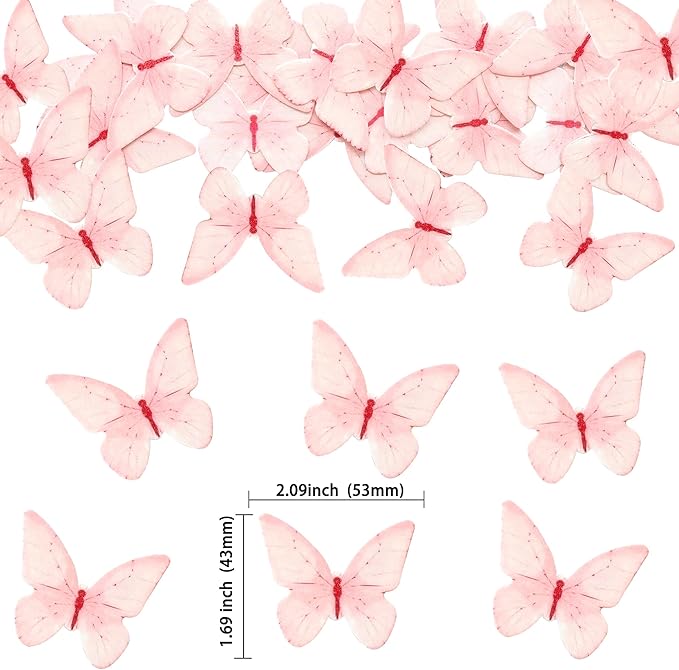 Ephlyn 48Pcs Edible Butterfly Cupcake Toppers Butterfly Cupcake Picks Edible Spring Cupcake Decorations for Spring Theme Baby Shower Kids Birthday Party Cake Supplies Pink